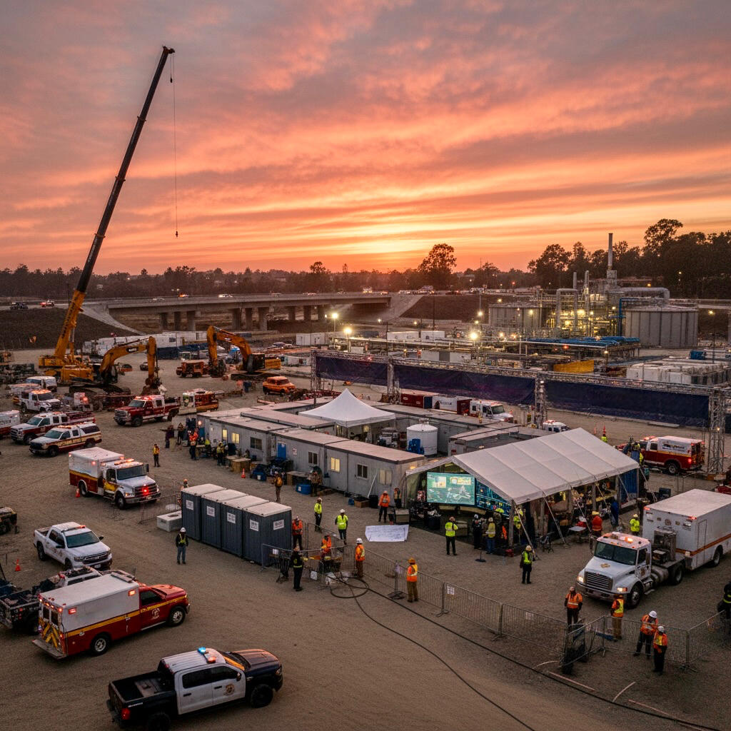 A construction site showing trailers, fencing, and other support structure.