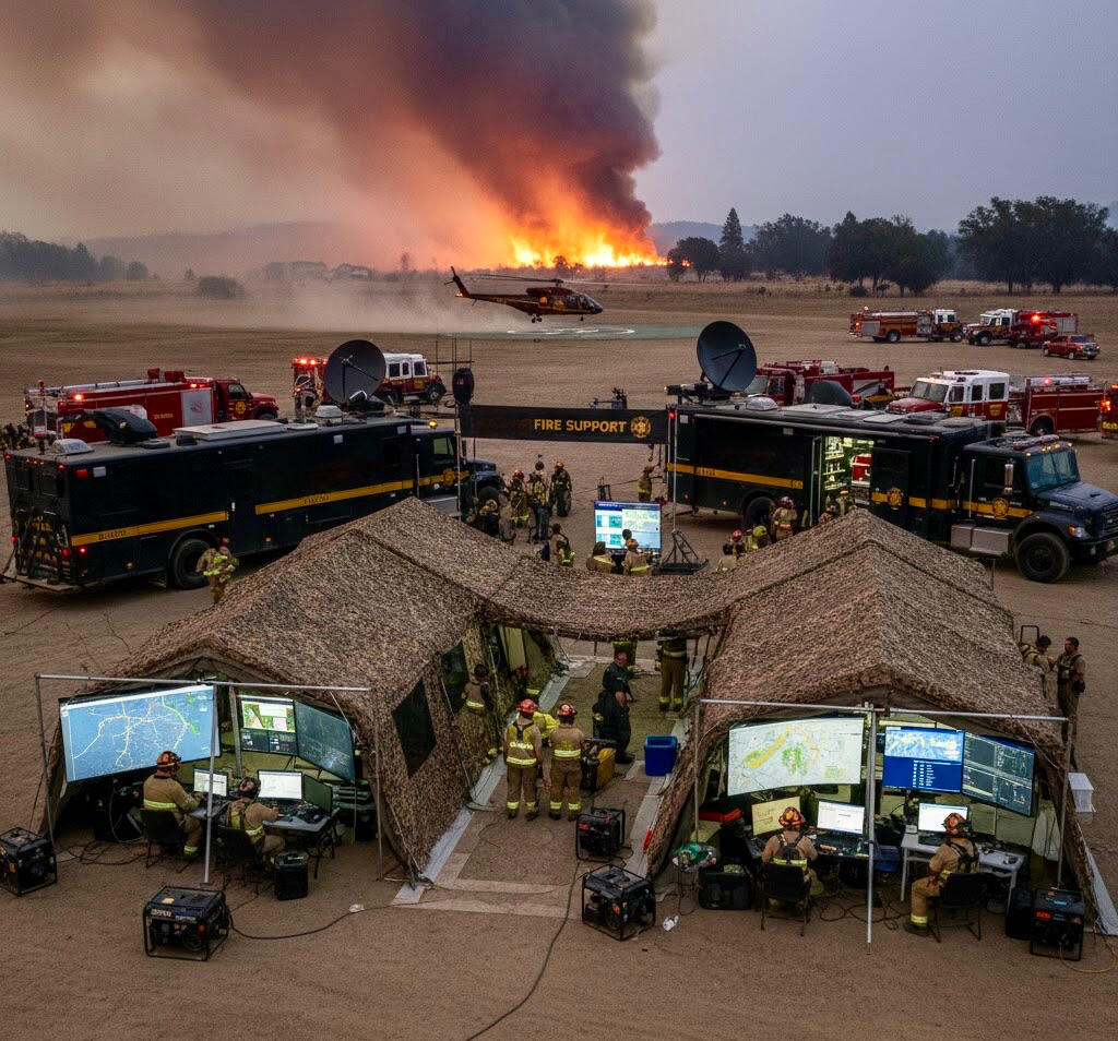 Emergency Response Photo Emergency response photo showing a Cal Fire Helicopter landing near a fire with support staff near by.