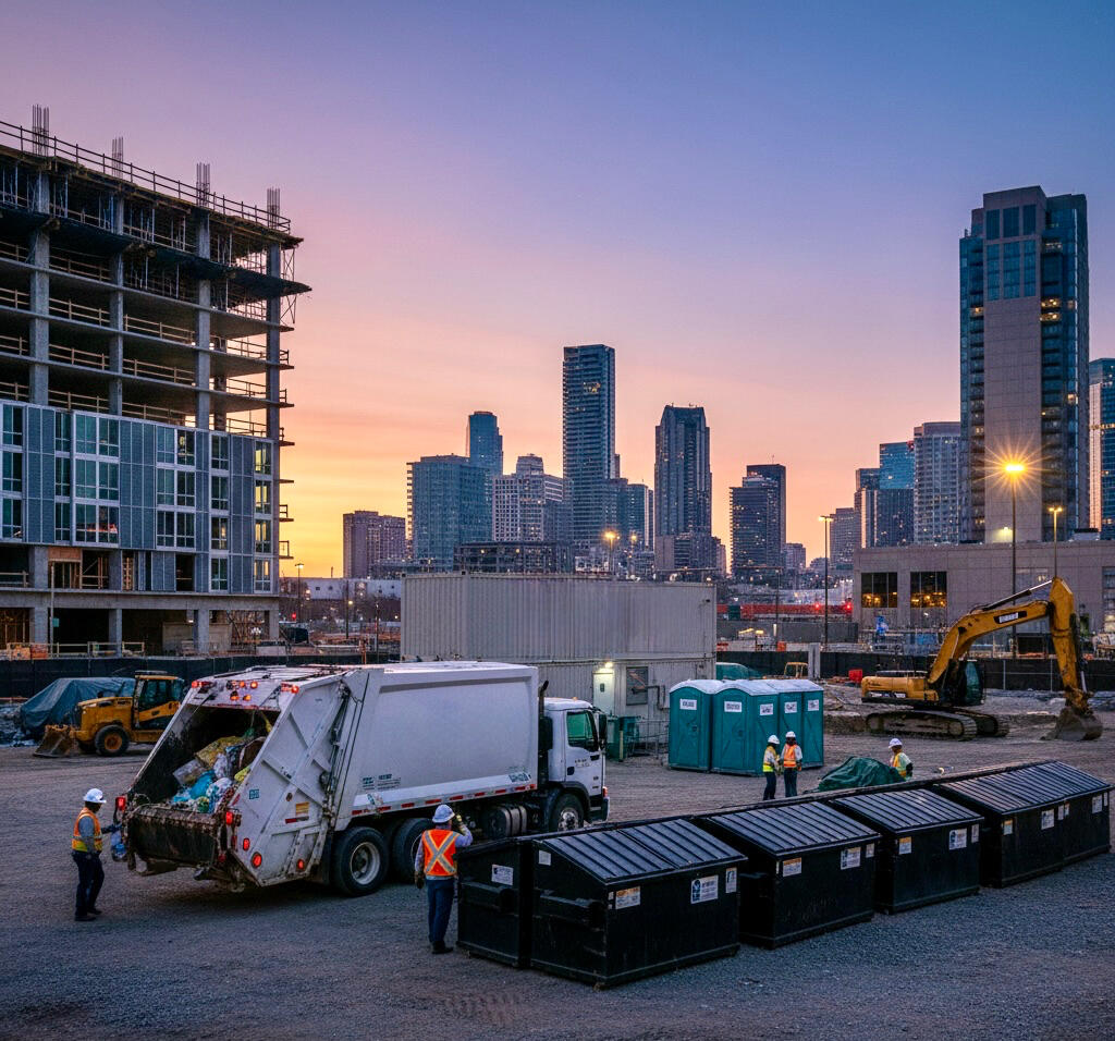Sanitation management photo showing a sanitation truck near a construction site.