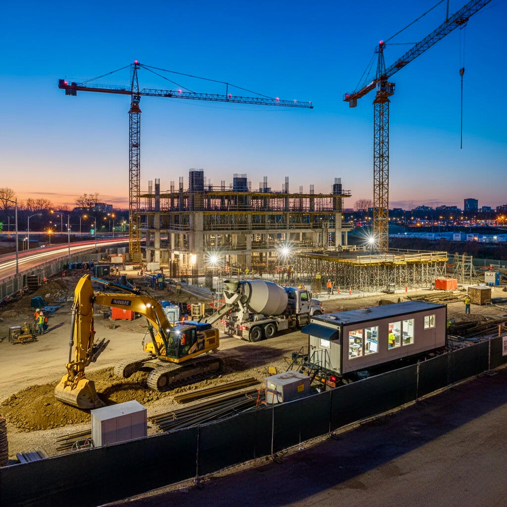 Construction site shown at dusk with heavy equipment.